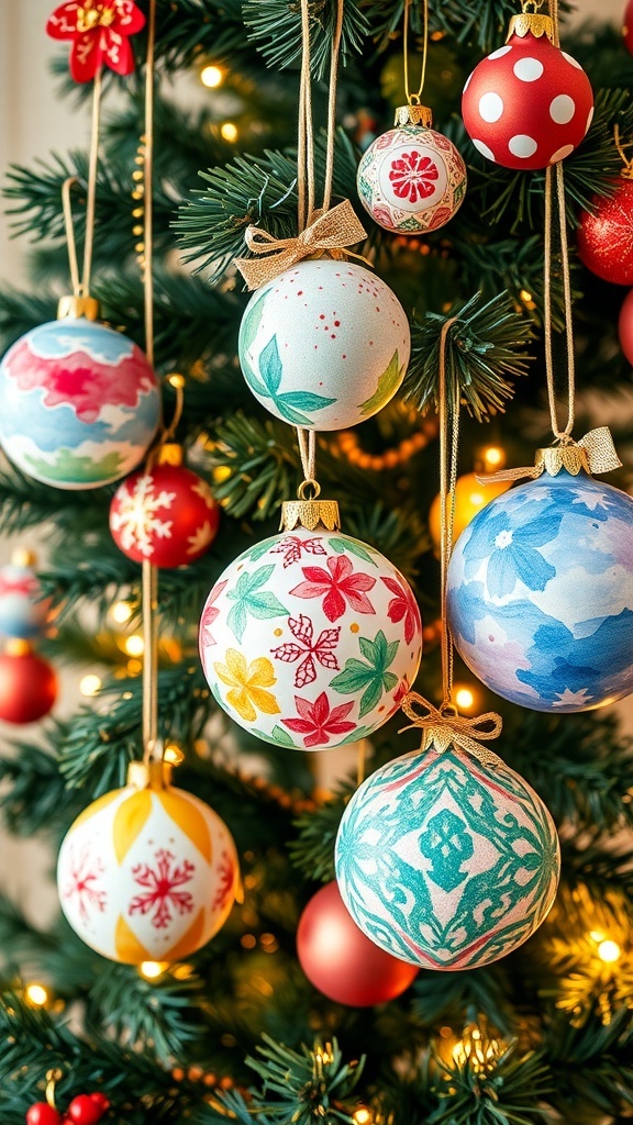 Colorful watercolor Christmas ornaments hanging on a tree.